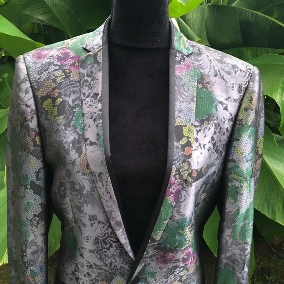 New L&S Hollywood Celebrity Jacquard Floral Single Breasted Blazer XS 36R Slim